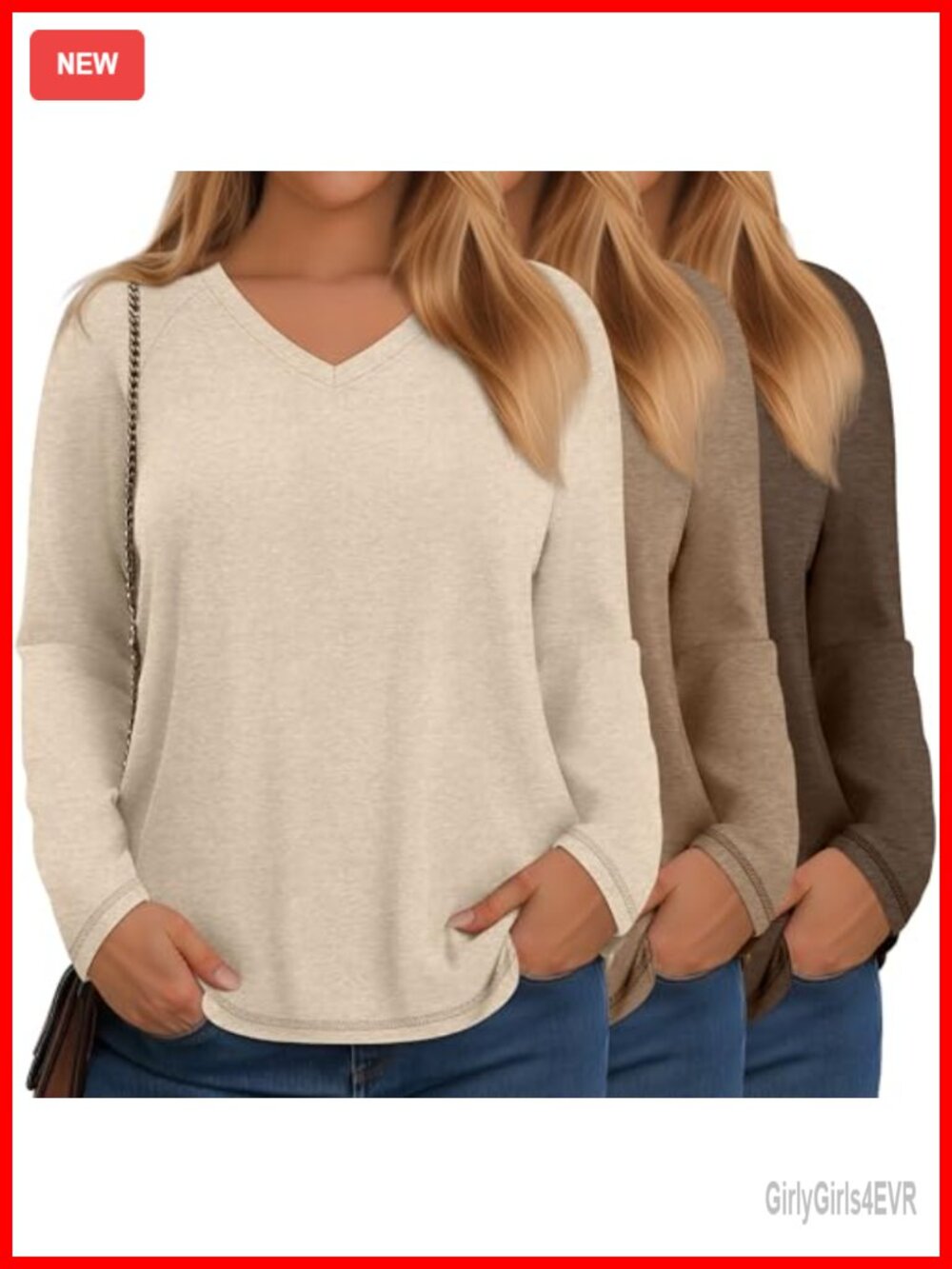 Plus Size V-Neck Long Sleeve Tunic T-Shirt 3 Pack Loose Fit